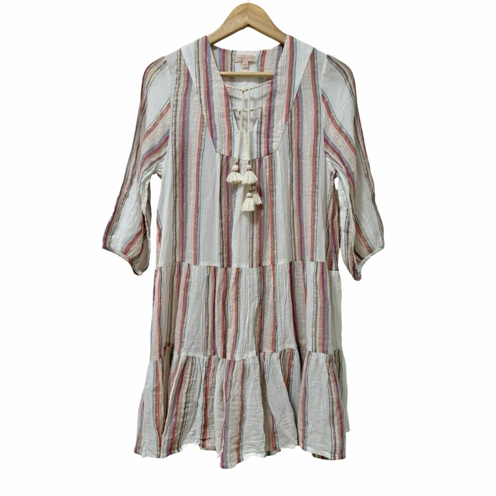Pink Chicken Metallic Stripe Mini Shift Dress Size S White Beachy Swim Cover Up